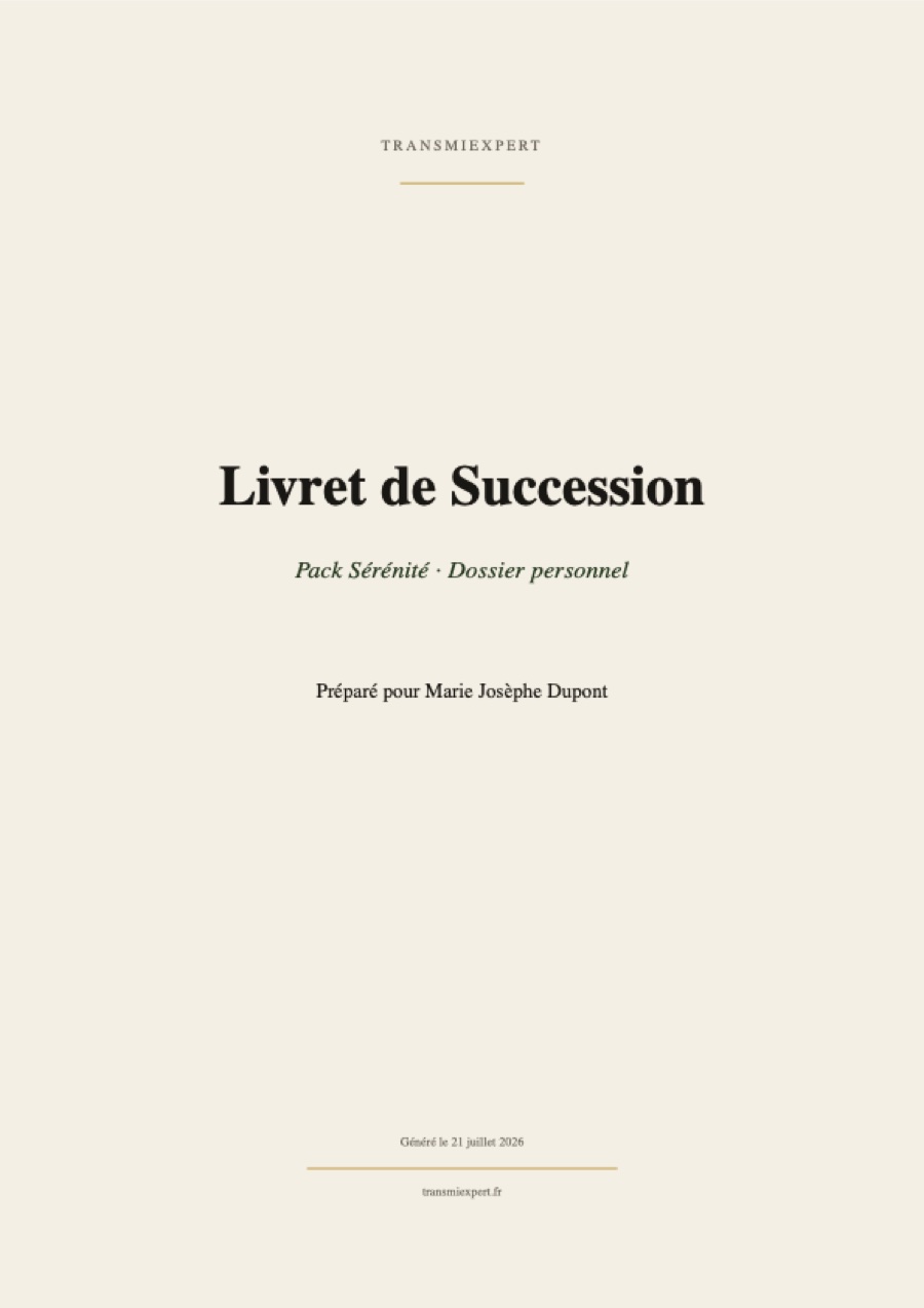 Couverture du Livret de Succession TransmiExpert — exemple