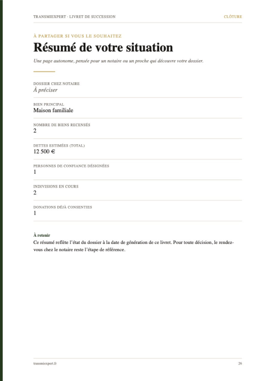 Page « Résumé de votre situation » du livret — exemple avec données fictives