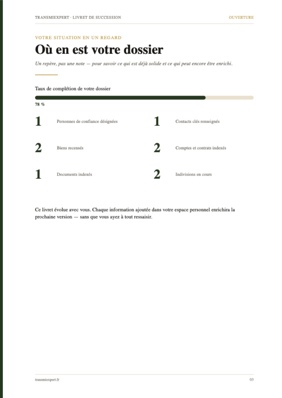 Page « Où en est votre dossier » du livret — exemple avec données fictives